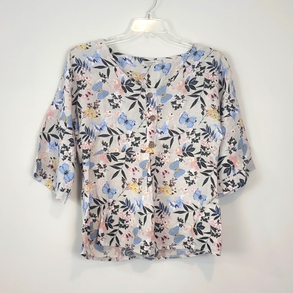 LAURA BIANCHI Made in Italy 100% Linen 3/4 Bell Sleeve Butterfly Flower Shirt